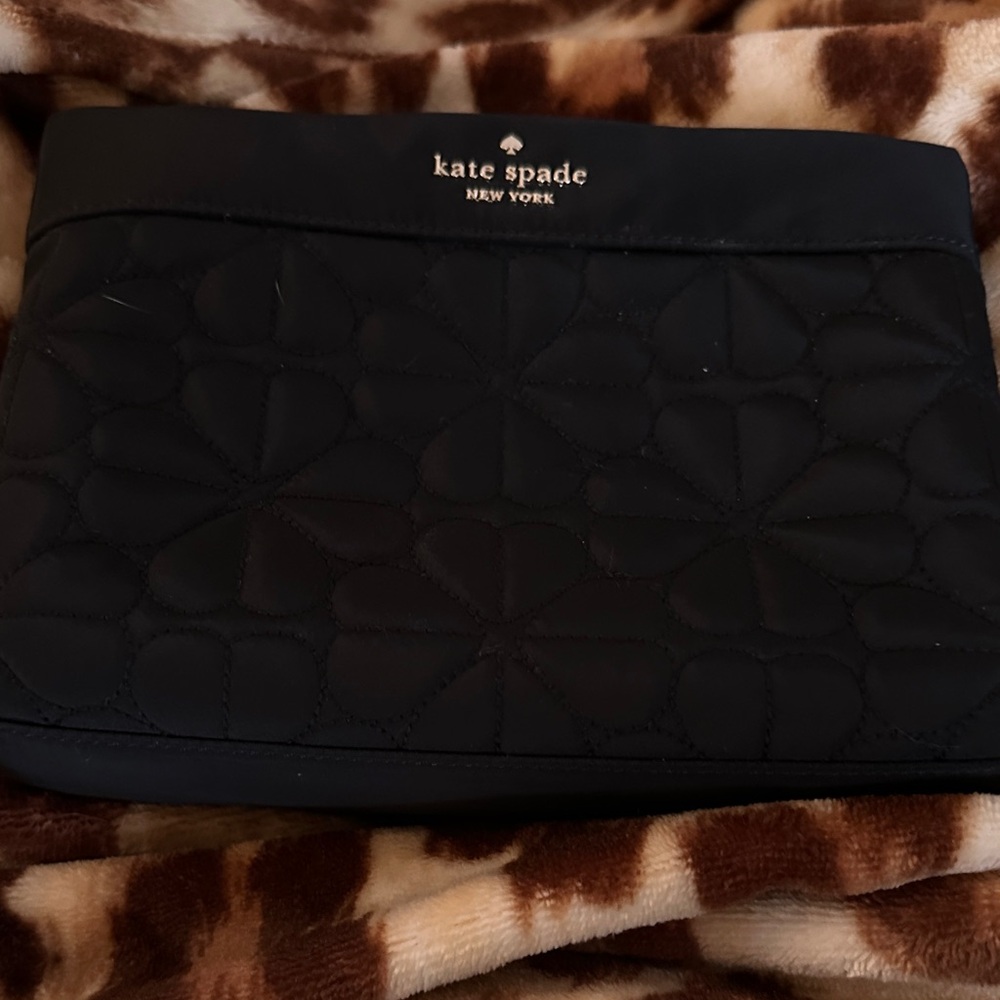 kate spade black quilted floral pouch with gold logo